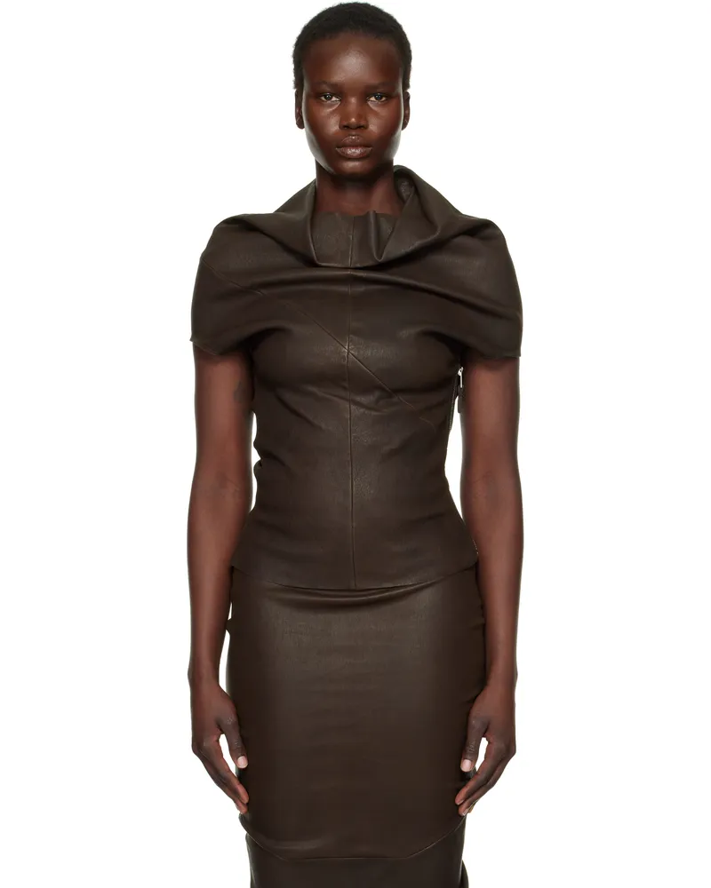 Rick Owens Brown Hollywood Shroud Leather T-shirt 14