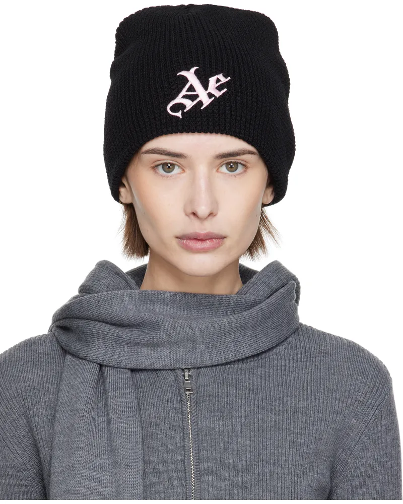 AARON ESH Black 'AE' Waffle Beanie Blaxk
