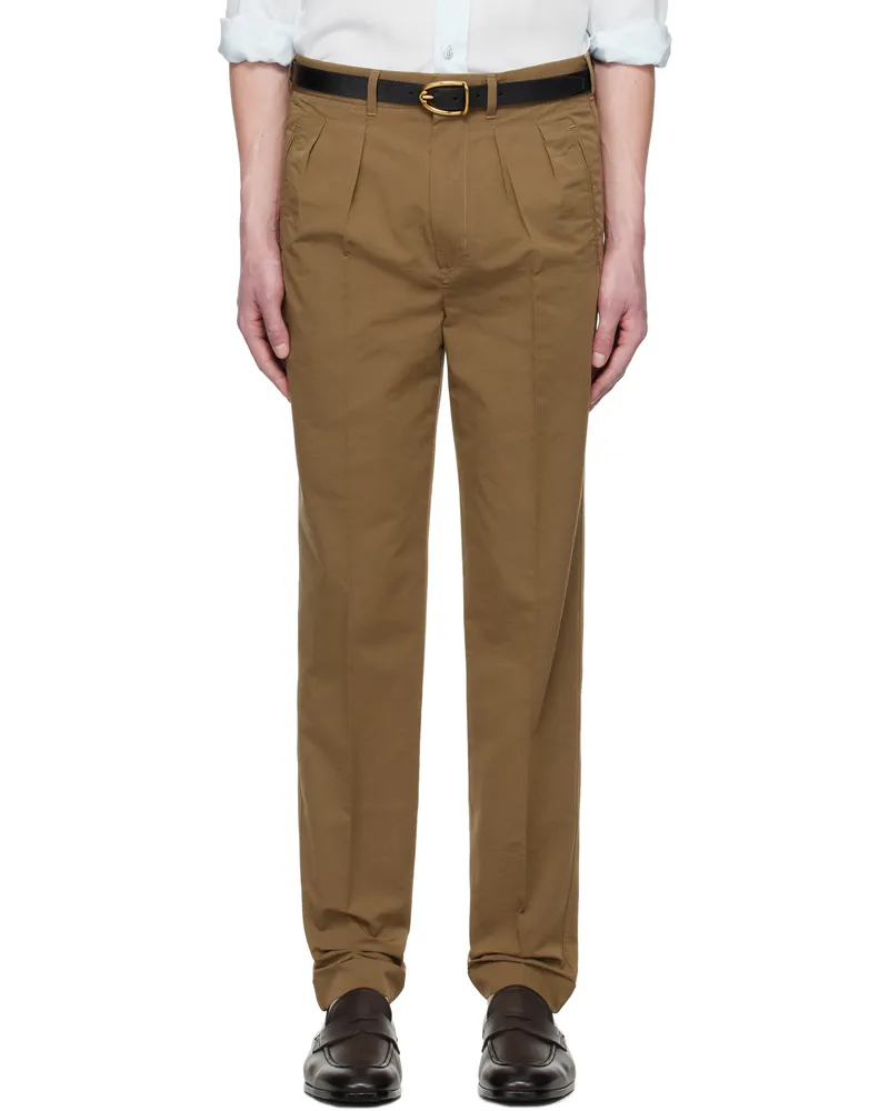 Tom Ford Tan Fluid Poplin Double Pleat Trousers Chestnut