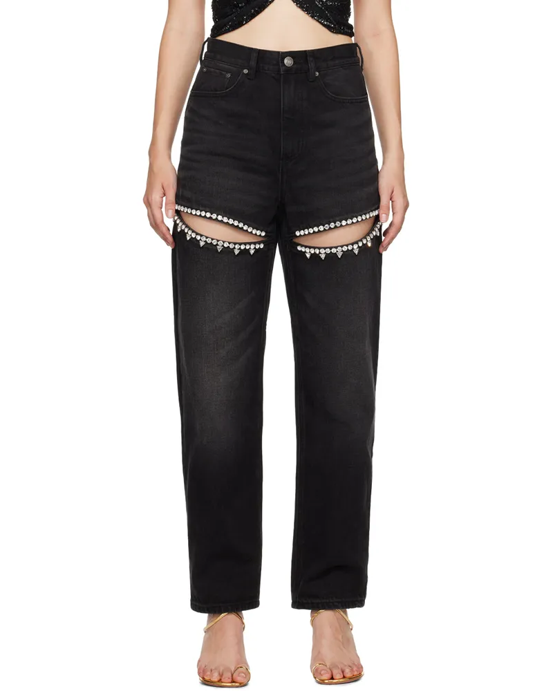 Area Black Crystal Slit Jeans Black