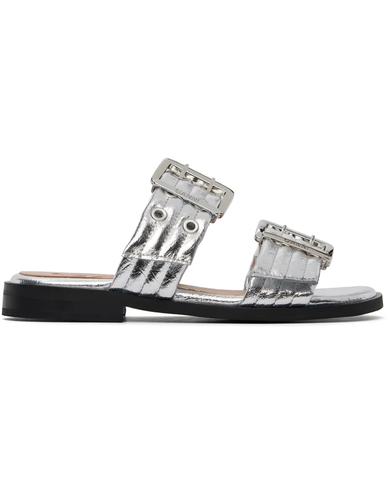 Ganni Silver Feminine Buckle Two-Strap Sandals 018