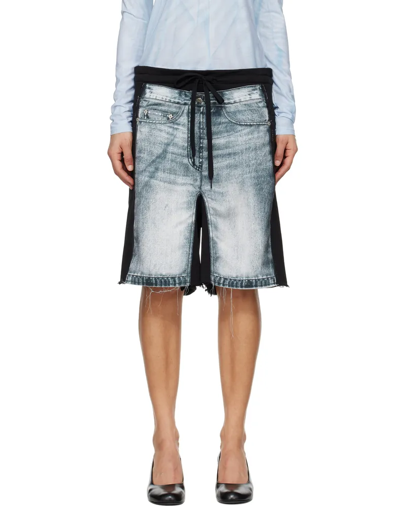 OPEN YY Black & Blue Jean Effect Jersey Shorts Black