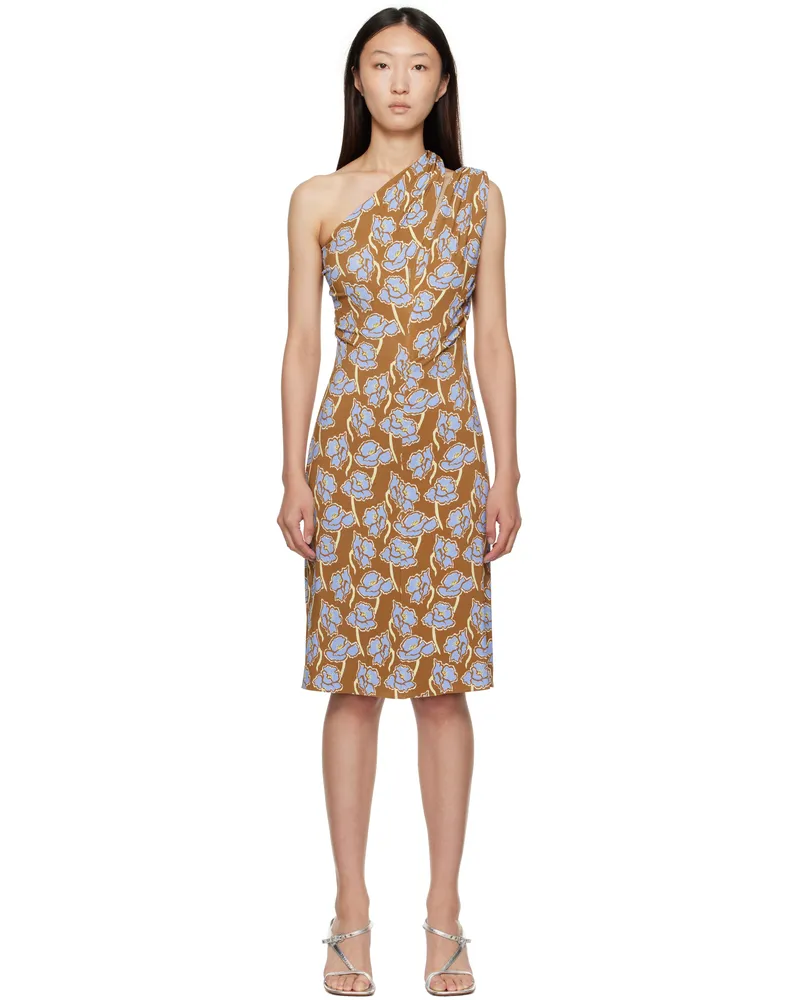 Versace Multicolor Poppies One-Shoulder Midi Dress 5n630-tobacco+powder