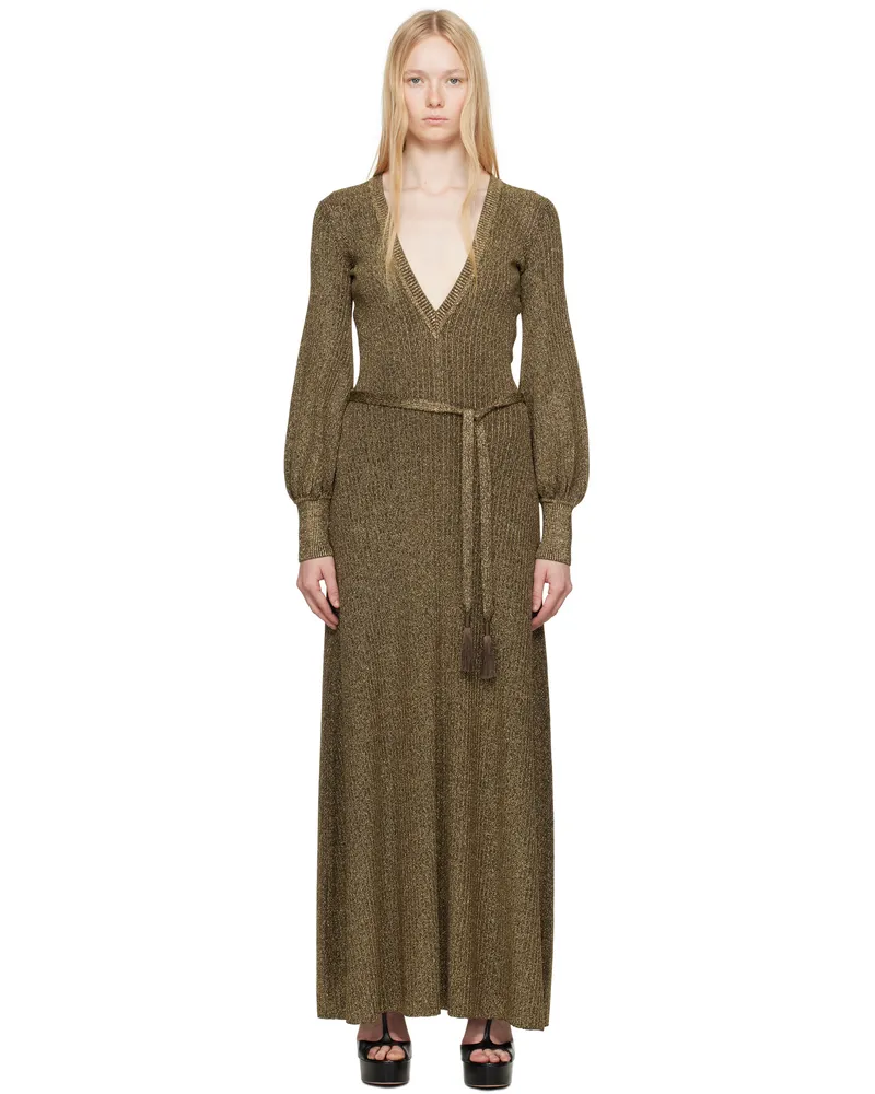 Tom Ford Gold & Brown Long V-Neck Open Back Maxi Dress Xgoch
