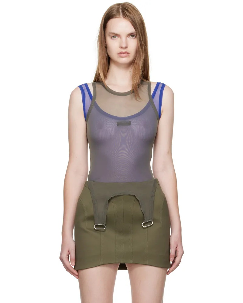 Thierry Mugler Khaki & Blue Mesh Love Tank Bodysuit B6020