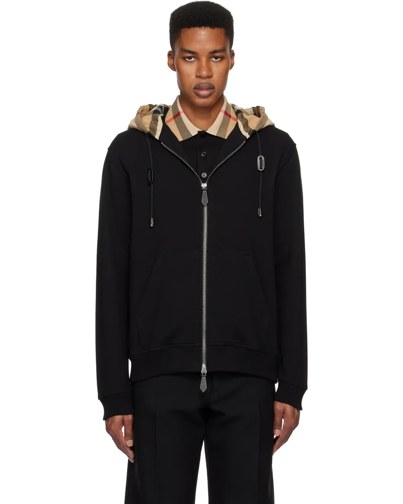 Burberry Black Check Hood Cotton Zip Hoodie Black