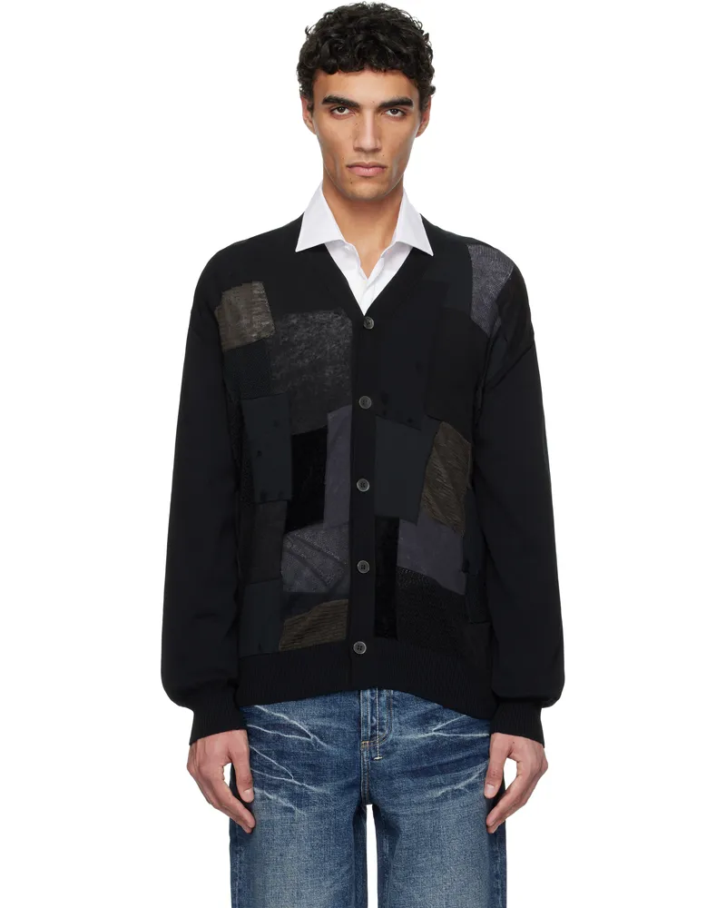 Junya Watanabe Black Multi Fabrics Mix Intarsia Pattern Cardigan 1