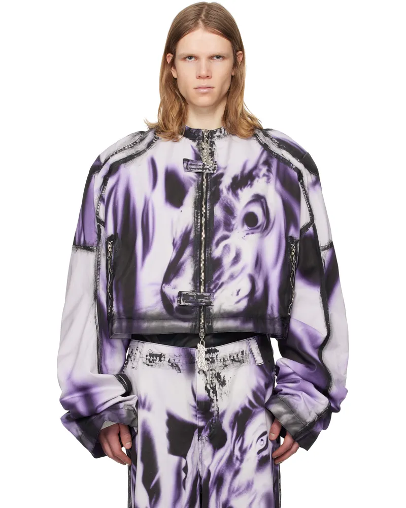 Gerrit Jacob White & Purple Printed Moto Denim Jacket White
