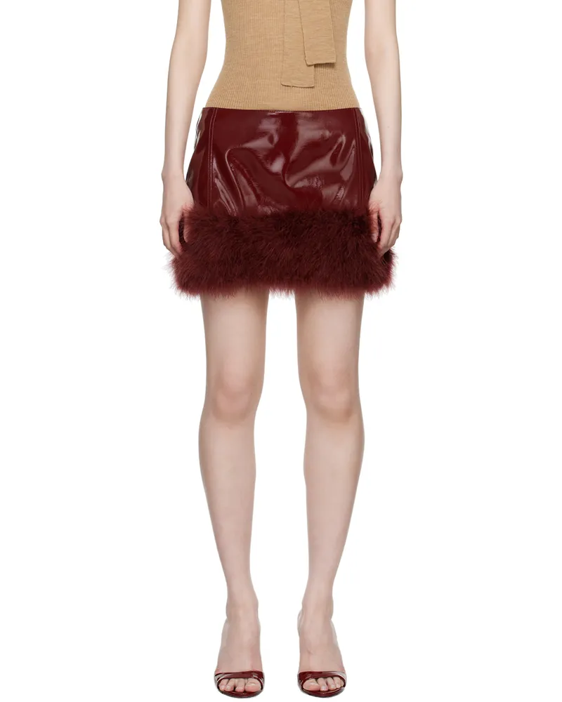 Blumarine Burgundy Marabou Feather Faux-Leather Miniskirt N0727