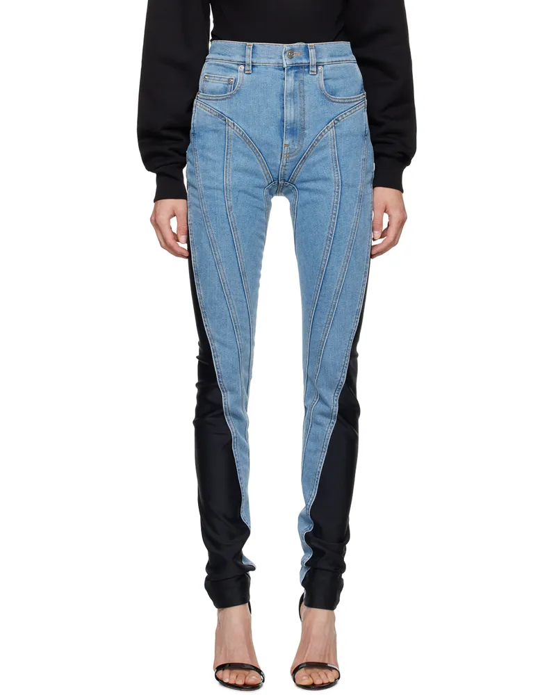 Thierry Mugler Blue Bi-Material Spiral Jeans 3074