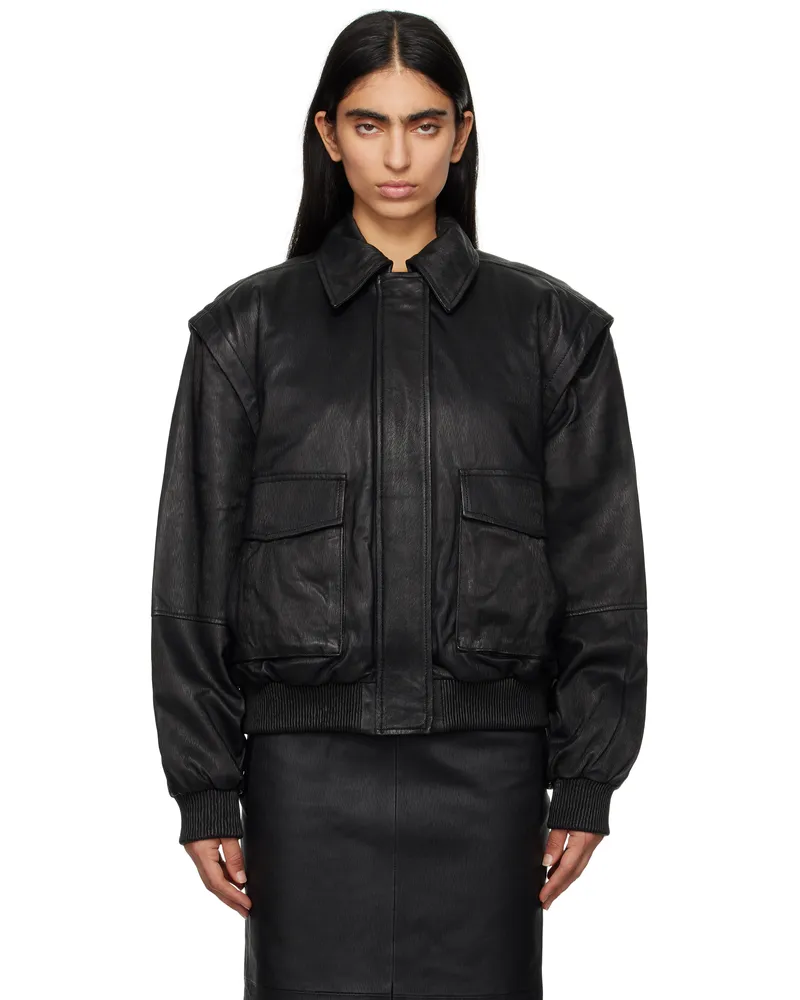 ROTATE Birger Christensen Black Leather Bomber Jacket 100