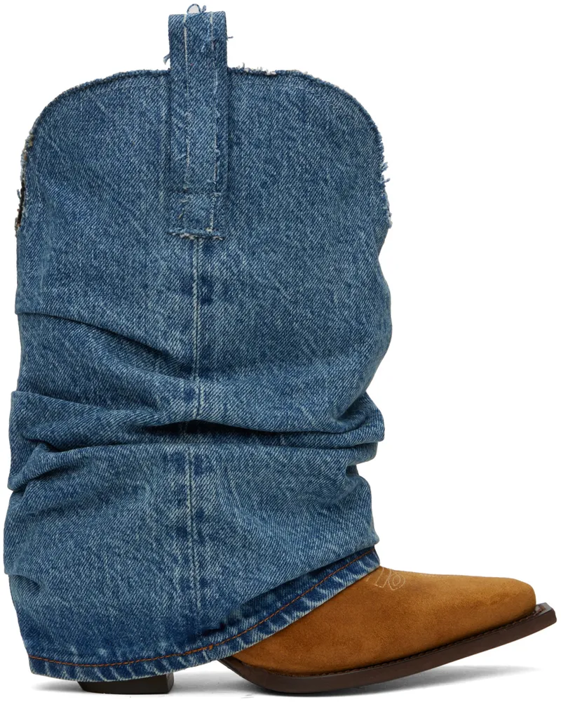 R13 Tan & Blue Low Rider Cowboy Denim Boots Denim