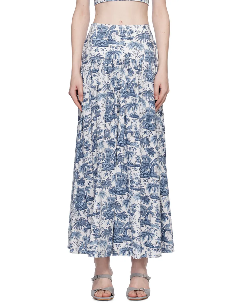 STAUD Blue & White Procida Maxi Skirt Chbt