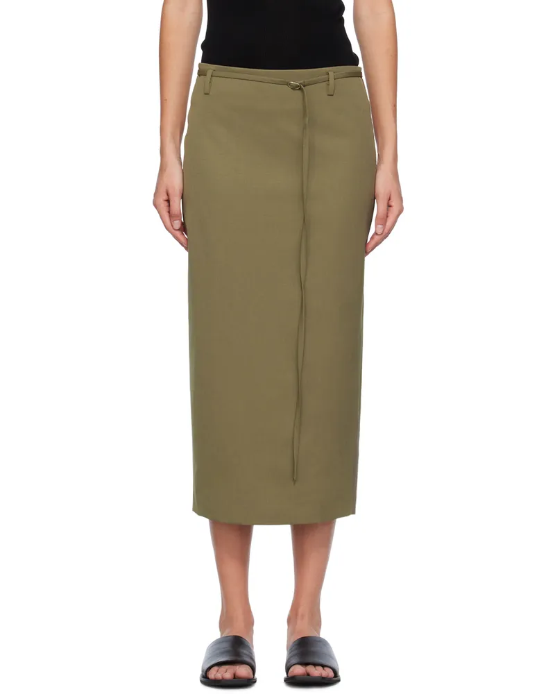 St. Agni Khaki Belted Midi Skirt Kelp
