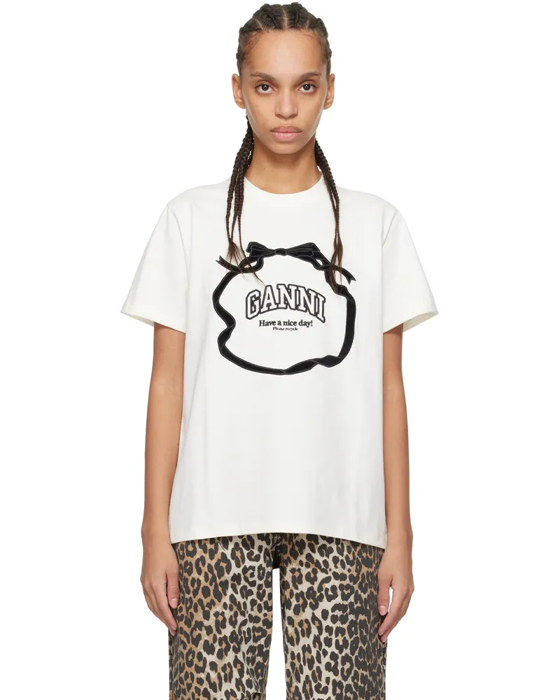 Ganni Off-White Heavy Cotton Bow Relaxed T-shirt 135