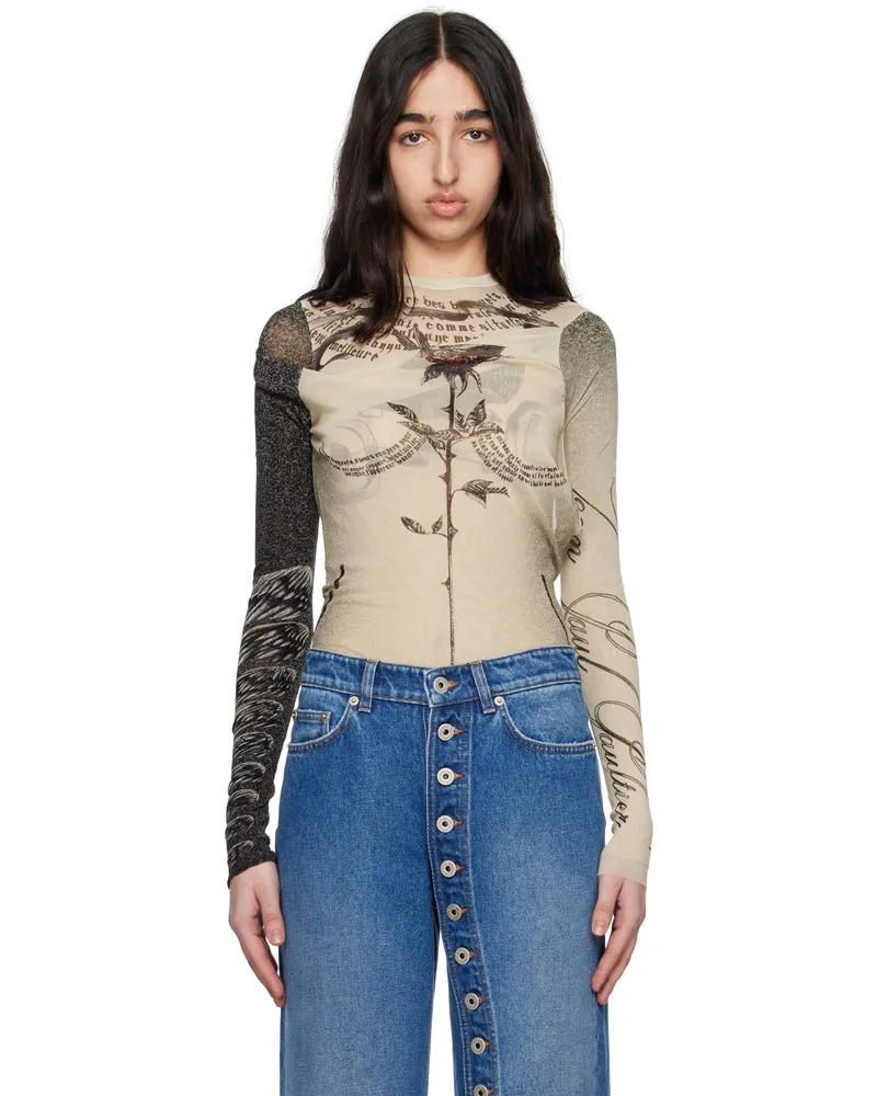 Jean Paul Gaultier Beige 'The Tattoo Rose and Bird' Bodysuit 030030-ecru