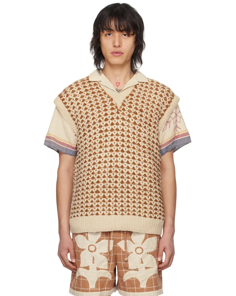 HARAGO Orange & Off-White Jacquard Vest Off