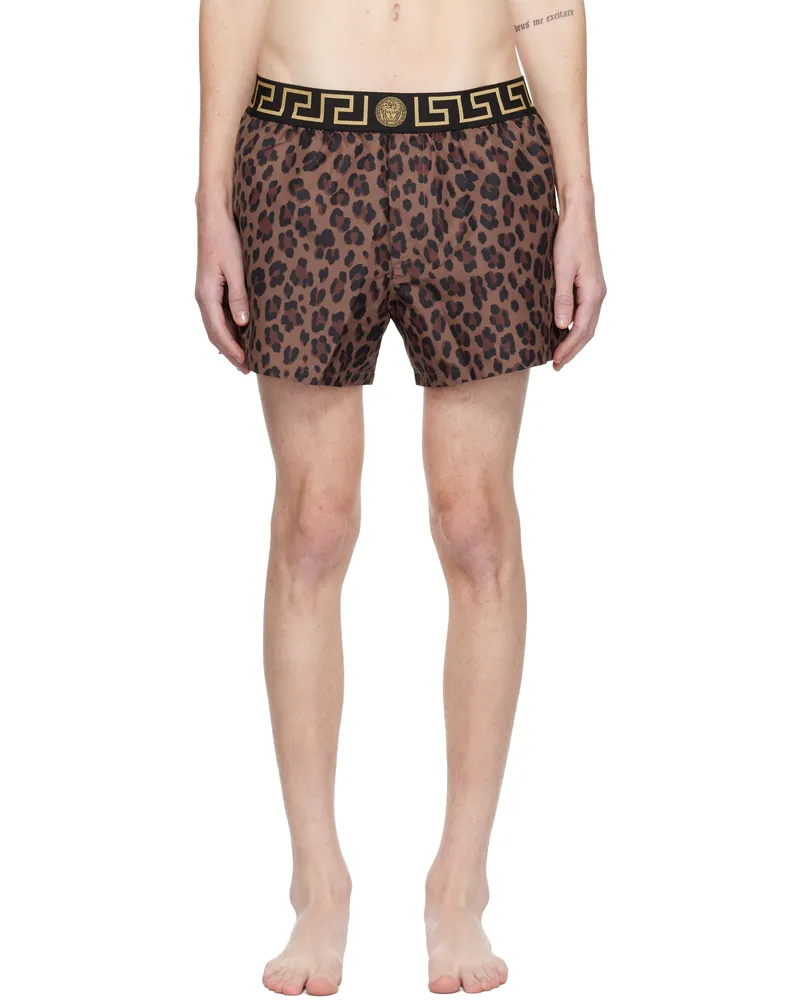 Versace Brown Leopard All Over Print Swim Shorts 5n440-chestnut+gold