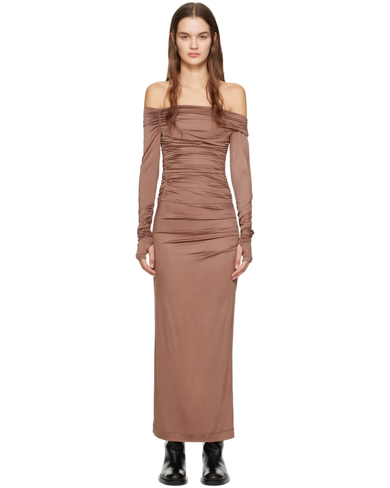 Helmut Lang Brown Off-The-Shoulder Maxi Dress Rust