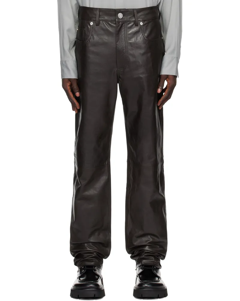 AMI Paris Brown Straight Fit Leather Pants Dark
