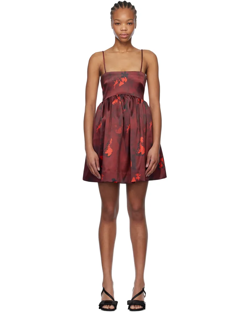 Ganni Burgundy Floral Print Satin Strap Minidress 047