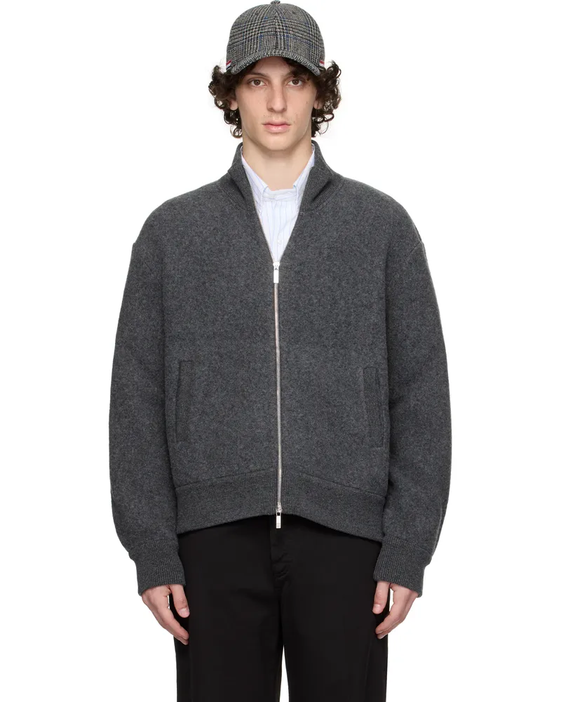 Thom Browne Gray Wool Fleece Funnel Neck Zip Up Jacket 015charcoal