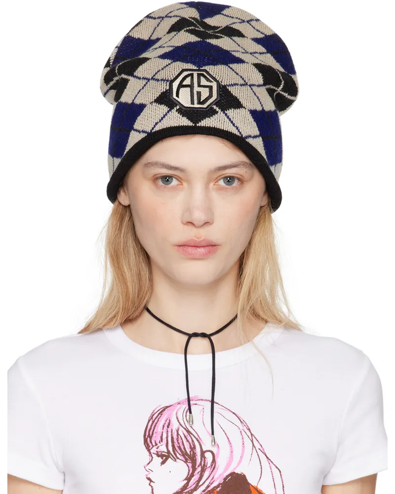 Anna Sui Blue & Beige Argyle Patch Beanie Denim