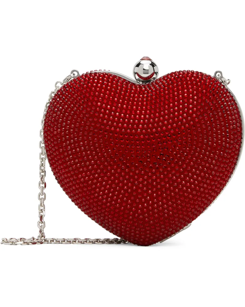Mach & Mach Red Crystal Heart Suede Clutch Red