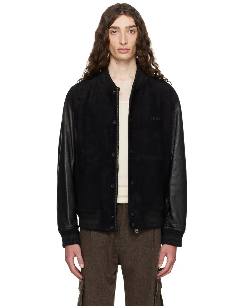 HUGO BOSS Black Embossed-Logo Leather Bomber Jacket 001-black