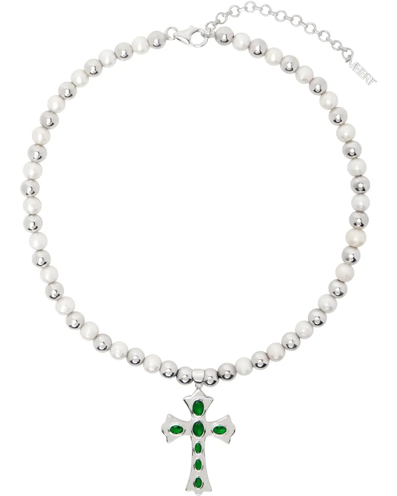 VEERT White Gold 'The Green Cross Freshwater Pearl' Necklace White