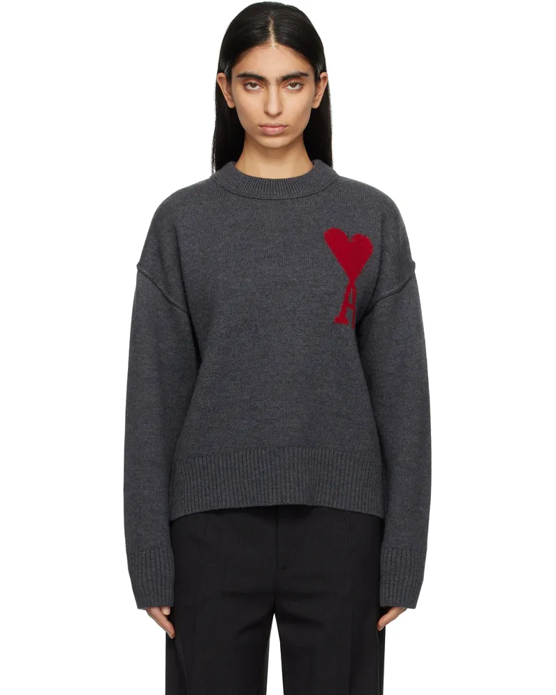 AMI Paris Gray Wool Ami de Coeur Sweater Heather