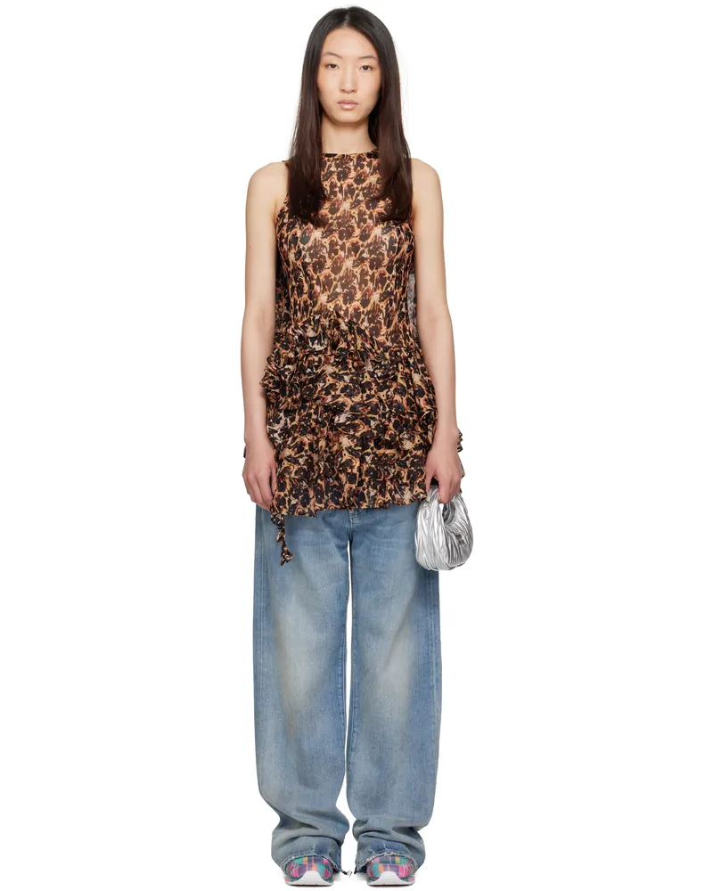 Collina Strada Brown & Black Silk Ruffle Minidress Leopard