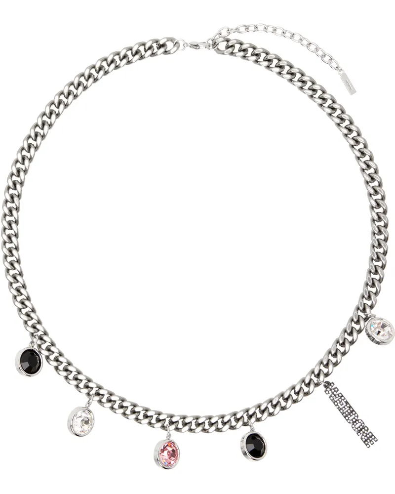 WE 11 DONE Gunmetal Crystal Stone Charm Necklace Silver