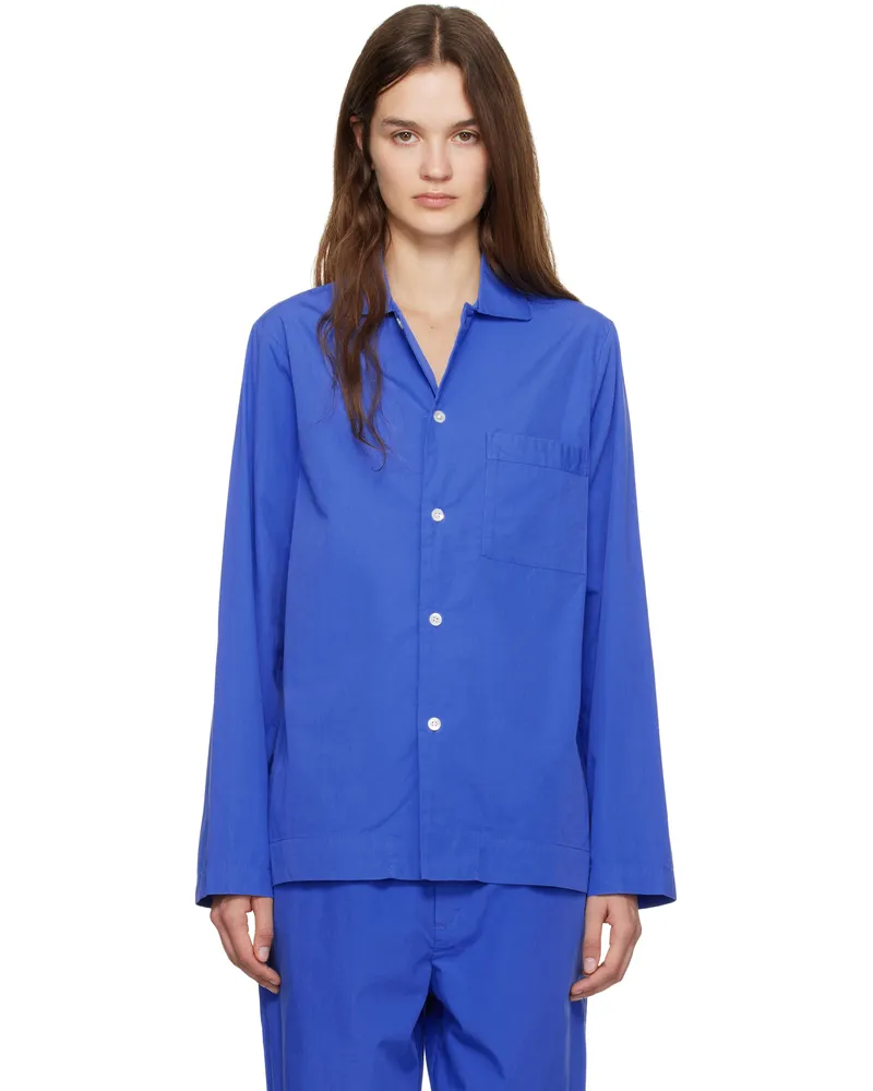 TEKLA Blue Poplin Long-Sleeved Pyjama Shirt Royal