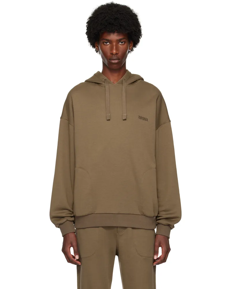 Ermenegildo Zegna Brown Embroidered-Logo Hoodie 312