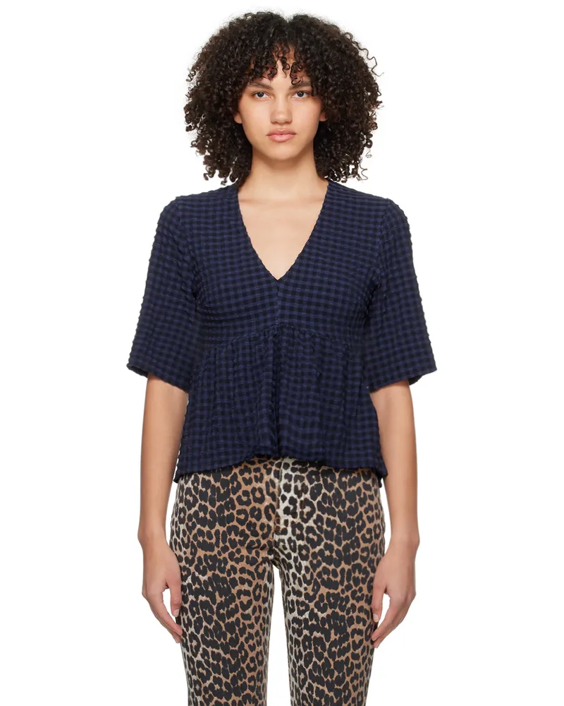 Ganni Blue & Black V-Neck Blouse 081