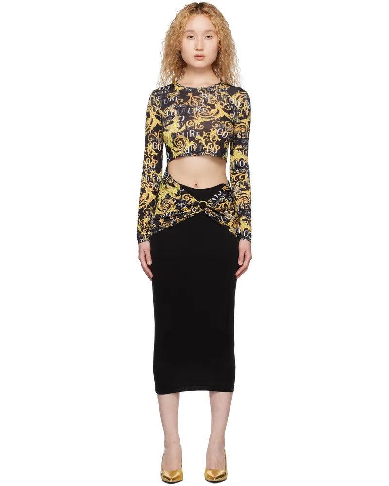 Versace Jeans Black Printed Midi Dress Eg89
