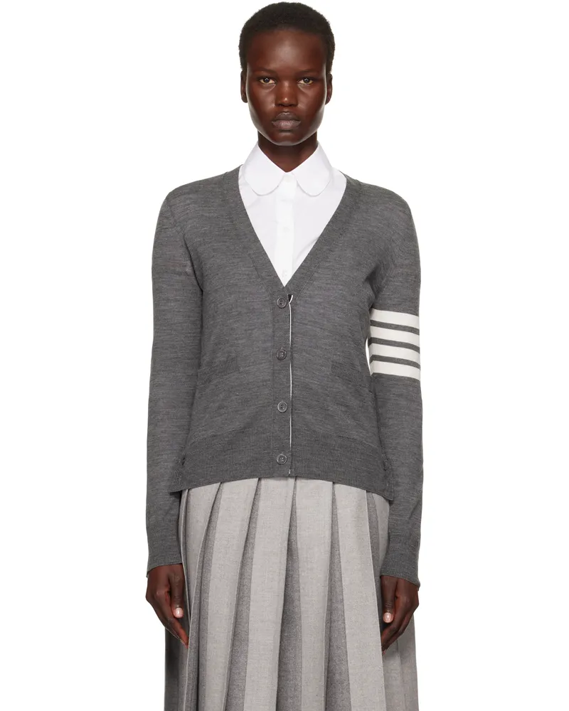 Thom Browne Gray Wool 4-Bar Relaxed V-Neck Cardigan 035