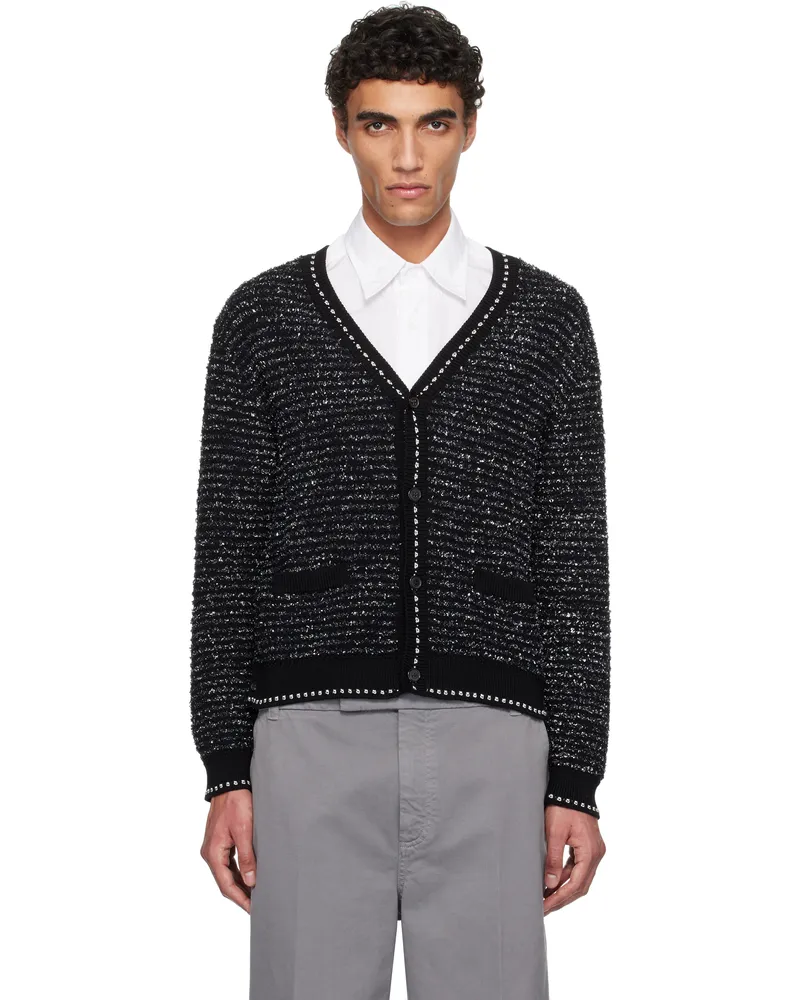 Thom Browne Black Eyelash Tweed Jacquard V Neck Cardigan 001