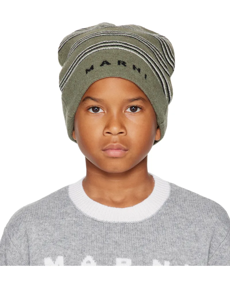 Marni Kids Green Knit Wool Mix Stripes Beanie 0m540