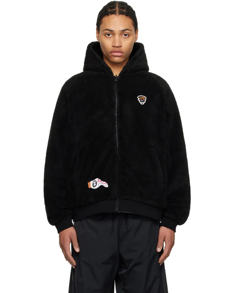 AAPE by A Bathing Ape Black & Gray Moonface Logo Zip-Up Reversible Hoodie Bkx