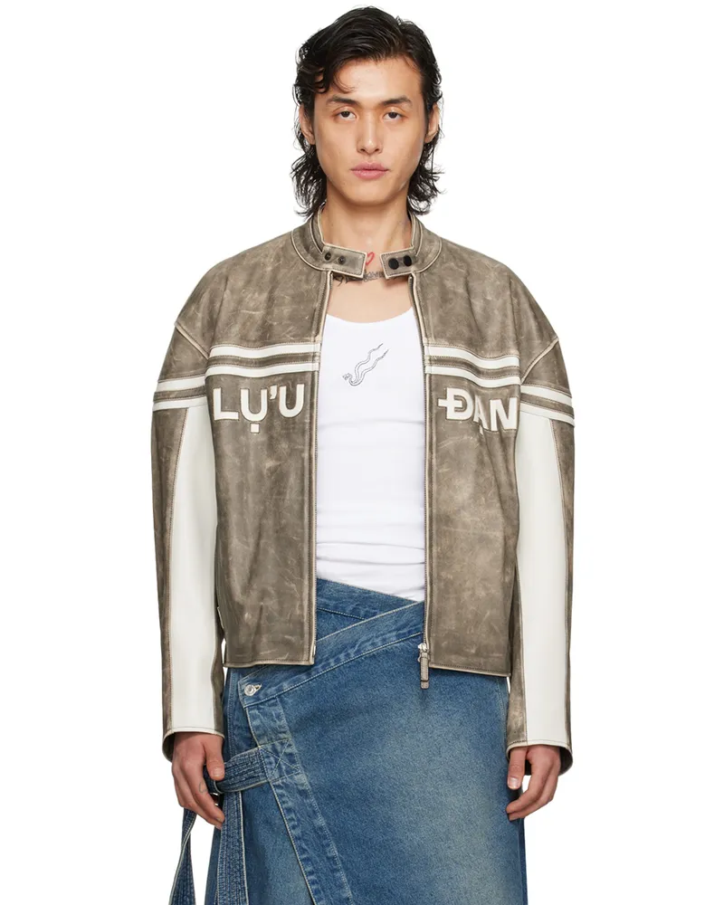LU'U DAN Gray Moto L-D Leather Biker Jacket Distressed