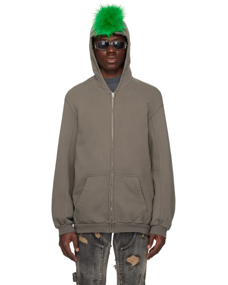 WE 11 DONE Gray Zip-Up Faux-Fur Hoodie Charcoal