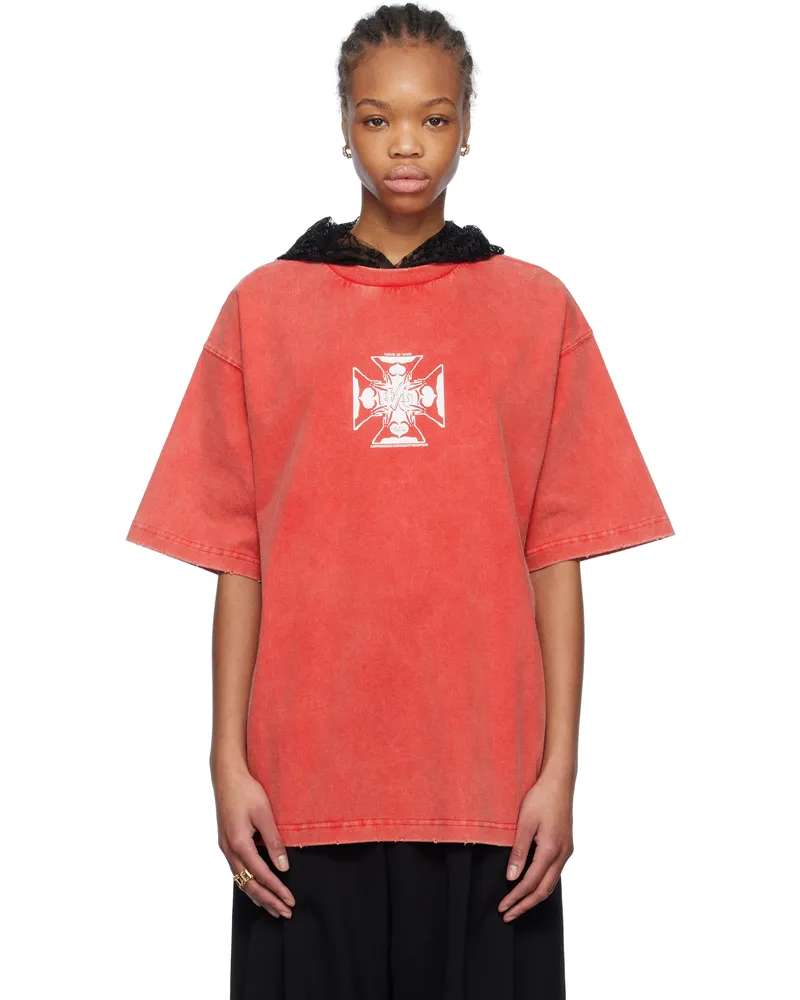 WE 11 DONE Red Heart Cross Hooded T-shirt Red