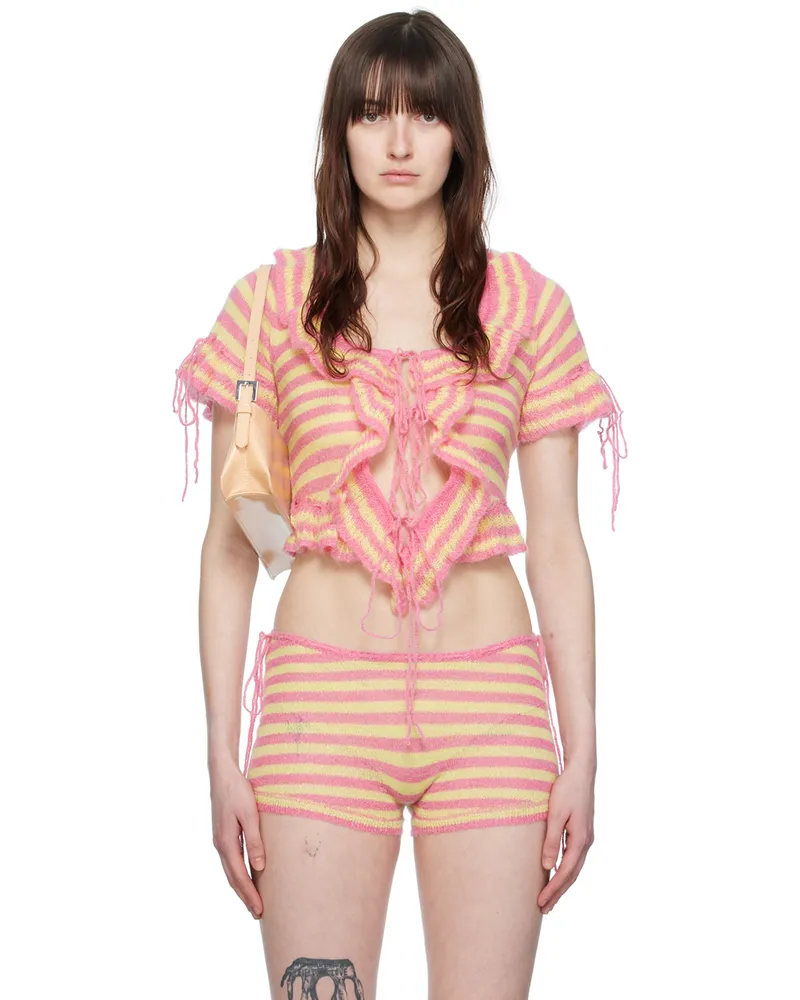 GUIZIO Pink & Yellow Ruffle Cardigan Lime