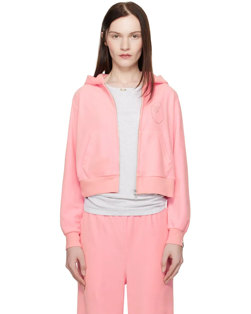 BAPE Pink Crystal Stone Ape Head Velour Hoodie Pink