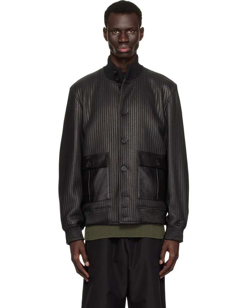 Golden Goose Black Embossed Stripes Leather Bomber Jacket 90100