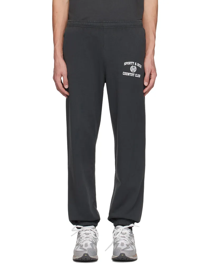 SPORTY & RICH Black Varsity Crest Sweatpants Faded