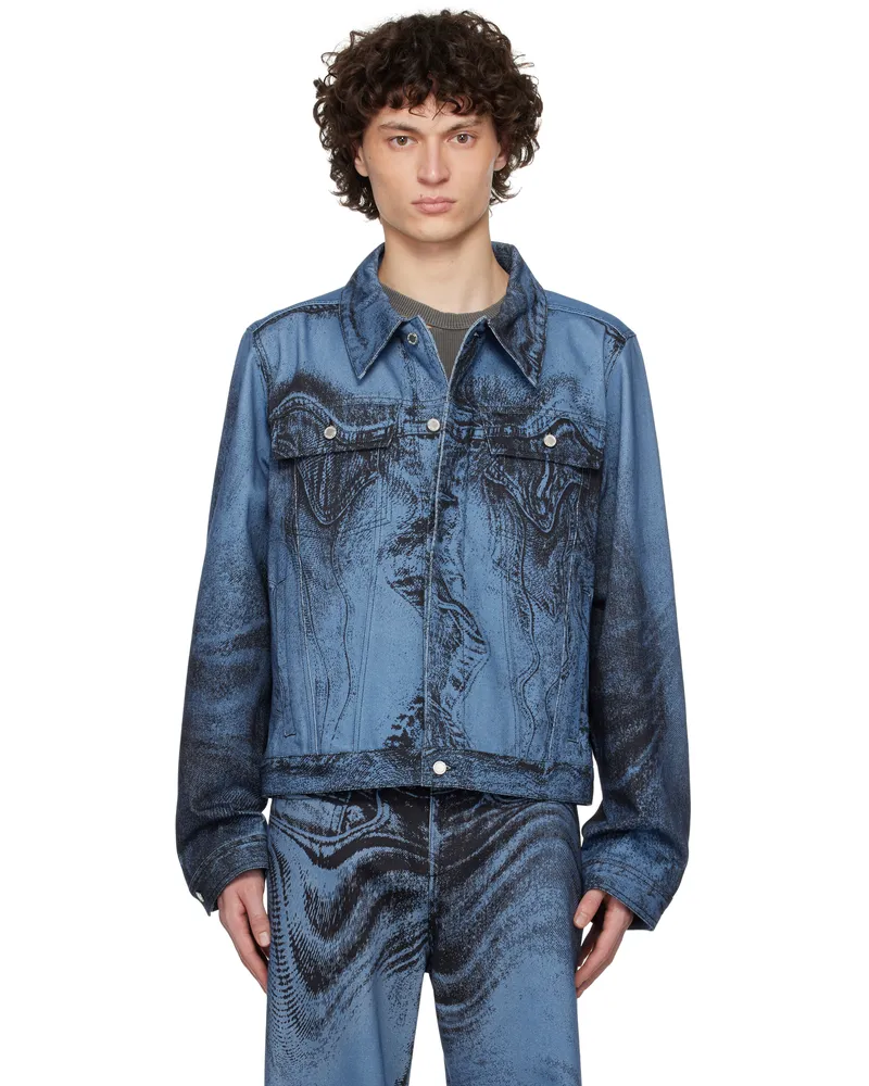 Camper Blue & Black Distorted Print Denim Jacket Dark