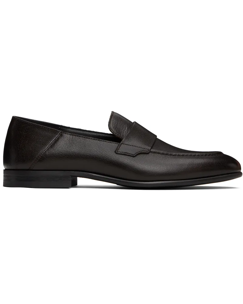 HUGO BOSS Brown Tumbled Leather Penny Loafers 201-dark